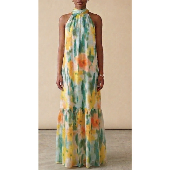 1. State Dresses & Skirts - 1.STATE Dress Womens Large Multicolor Floral Halter Maxi Tiered Hem Yellow Green